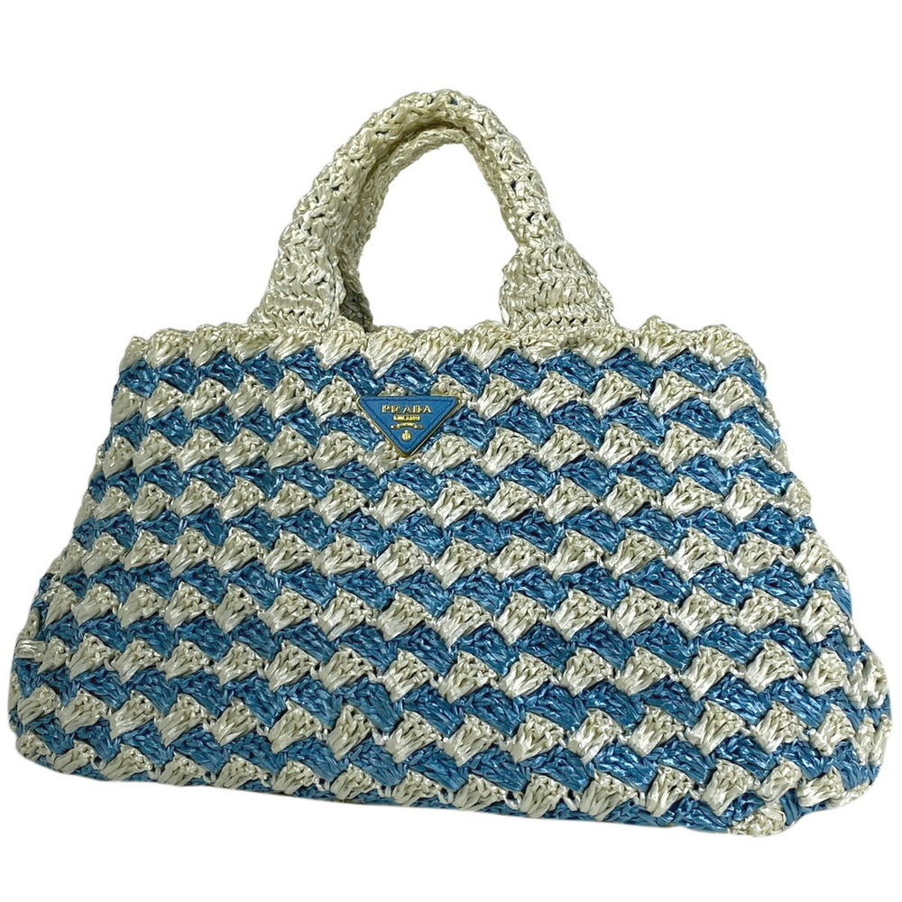 Prada Logo Plate Tote Bag Handbag Basket Raffia Blue White